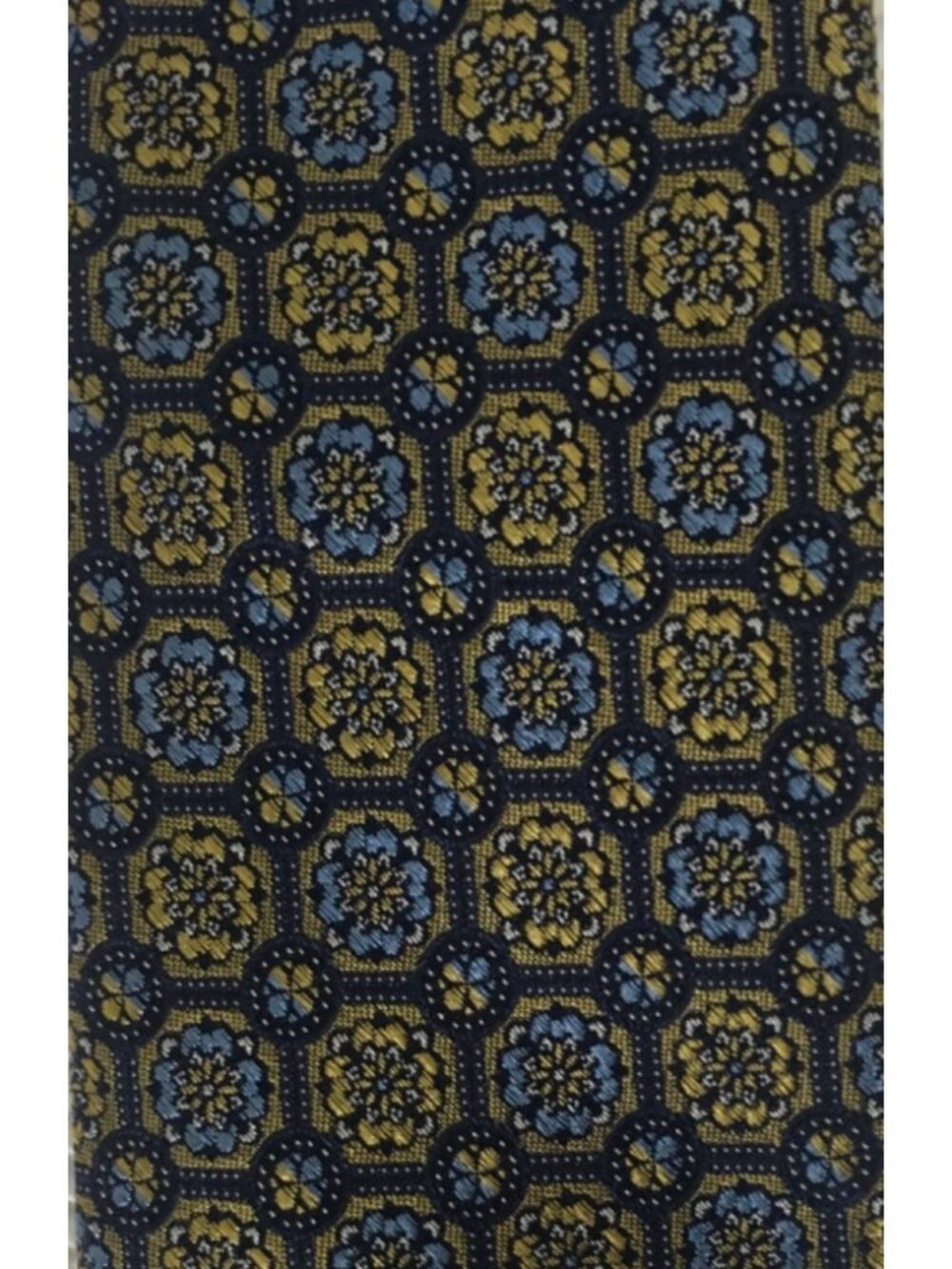 Jos A Banks Neck Tie Blue Yellow Geometric Floral Silk 3.25 in Wide 58 in Long